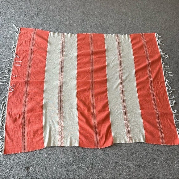 Cream & Orange/Coral Striped Woven Mexican Beach Blanket or Tablecloth - Picture 3 of 4